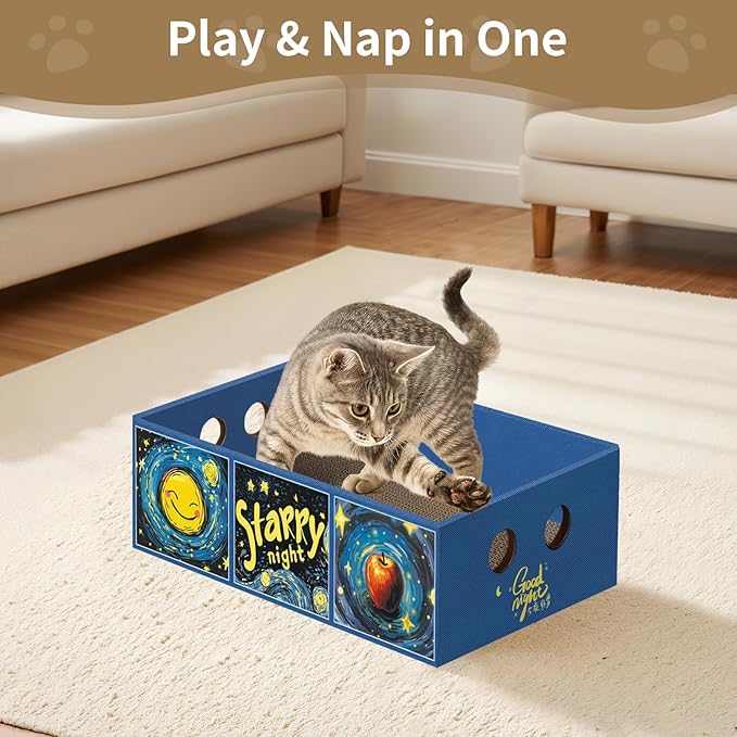 Heavy Duty Cardboard Cat Scratcher Box, Cat Bed with Double-Sided Cardboard Scratch Pad, Interactive Hole Design, Scratch Lounge Bed Suitable for Cats to Rest(Star Pattern)