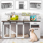 Large Dog Crate Furniture Large Breed,71 Inch Wooden Dog Crate with Tilt Out Trash Cabinet,Drawers,Divider and Sliding Barn Door, Double Doors Dogs Crate for 2 Dogs (White)