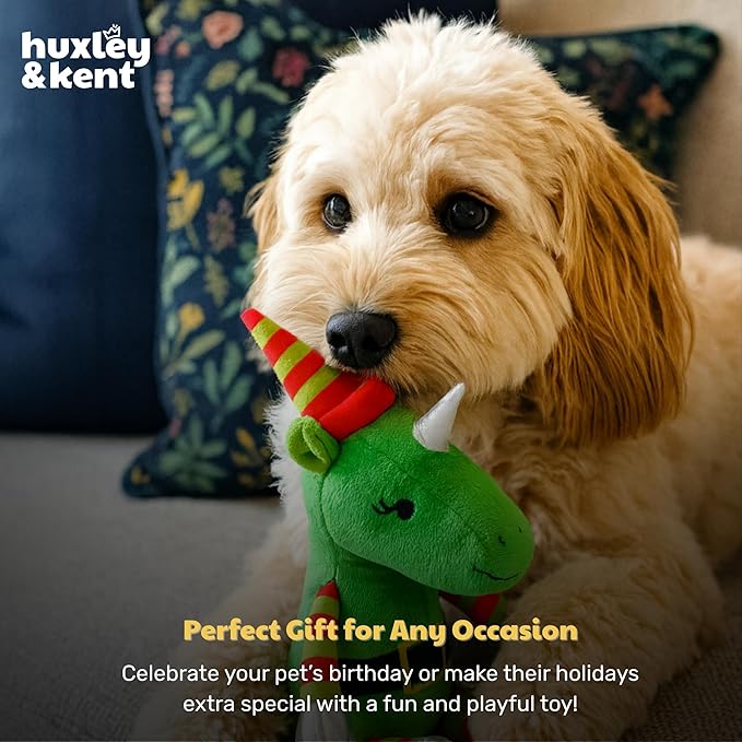 Huxley & Kent Funny Dog Toy w/Squeaker – Holiday Power Plush Squeaky Dog Toys for Small, Medium & Large Dogs – Soft Stuffed Animal for Indoor Play & Fetch - Buddy Unicorn, Small