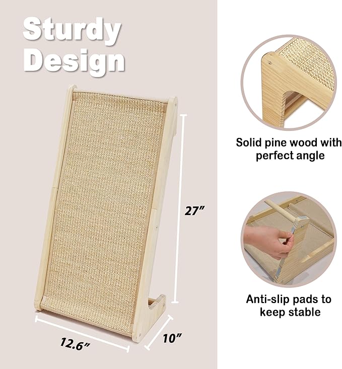 Meeyoview Sisal Cat Scratcher Ramp, 27'' L Shape Scratching Post, Vertical Cat Scratcher for Indoor Cats, Solid Wooden Scratch Pad, Furniture Protector with Catnip