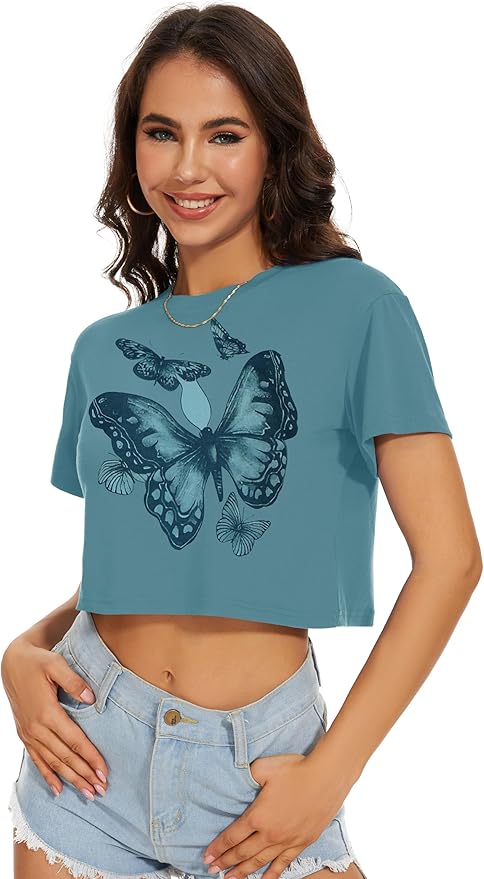 Womens Summer Crop Tops Short Sleeve Round Neck T-Shirts Loose Fit Casual Blouse