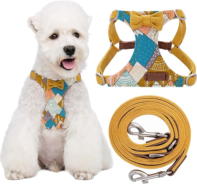 Puppytie No Pull Dog Harness with Multifunction Dog Leash,Soft Adjustable No Choke Escape Proof Pet Harness Vest for Medium Dogs,Suede Bow Yellow,M