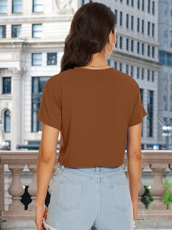 Womens Summer Crop Tops Short Sleeve Round Neck T-Shirts Loose Fit Casual Blouse