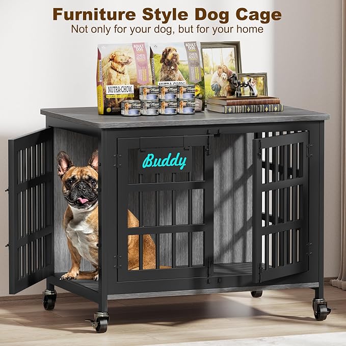 EasyCom 33"/27" Dog Crate Furniture with Name Tag, Heavy Duty Dog Kennel Indoor for Medium and Small Dogs, Double-Doors Sturdy Metal Dog Cage, Decorate House as TV Stand, End Table, Bedside Table