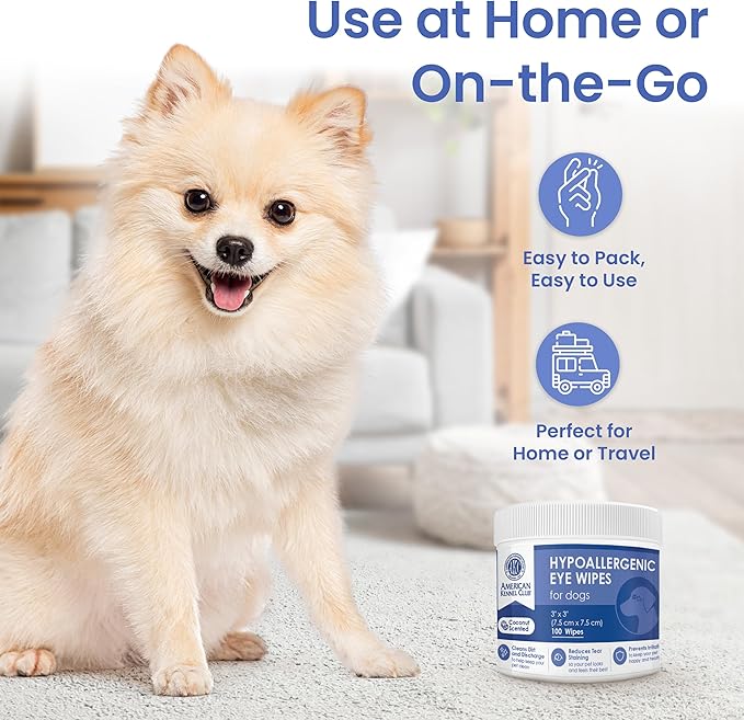 AKC Pet Eye Wipes for Dogs & Cats – Tear Stain Remover & Eye Discharge Cleaner – Hypoallergenic Grooming Wipes, 100 Count (Coconut Scent) AKC 3 * 3" PET Eye Wipes Coconut Scent 100 Count