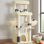 Hey-brother Cat Tree Tower, Scratching Posts with Extra Large Platform, Specious Condo, 2 Cozy Hammocks, Self-Grooming Brush for Indoor Adult Cats, Maine Coon 51.1 inches, Beige MPJ070M