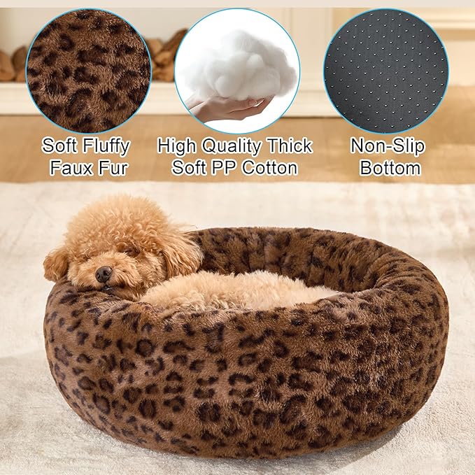 Dog Calming Beds for Small Medium Large Dogs - Round Donut Washable Puppy Dog Bed, Anti-Slip Faux Fur Fluffy Donut Cuddle Anxiety Cat Pet Bed (20" Leopard Print)