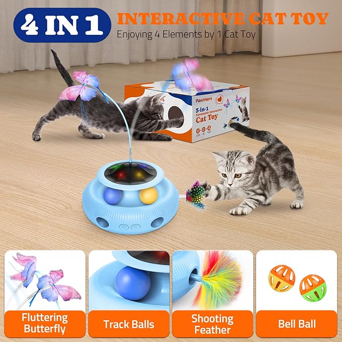 Pawtners Interactive Cat Toy 4 in 1 Automatic Cat Toy for Indoor Cats, Self Play Kitty Toy with Fluttering Butterfly, Track Ball and Feather Pack, Blue