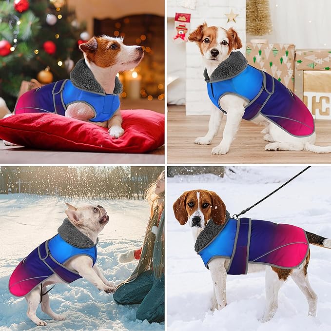 Dogcheer Dog Coat, Christmas Dog Jacket Waterproof Pet Winter Coat for Cold Weather, Reflective Adjustable Puppy Snow Jacket Fleece Sweater for Small Medium Large Dogs - Gradient Blue-red, L