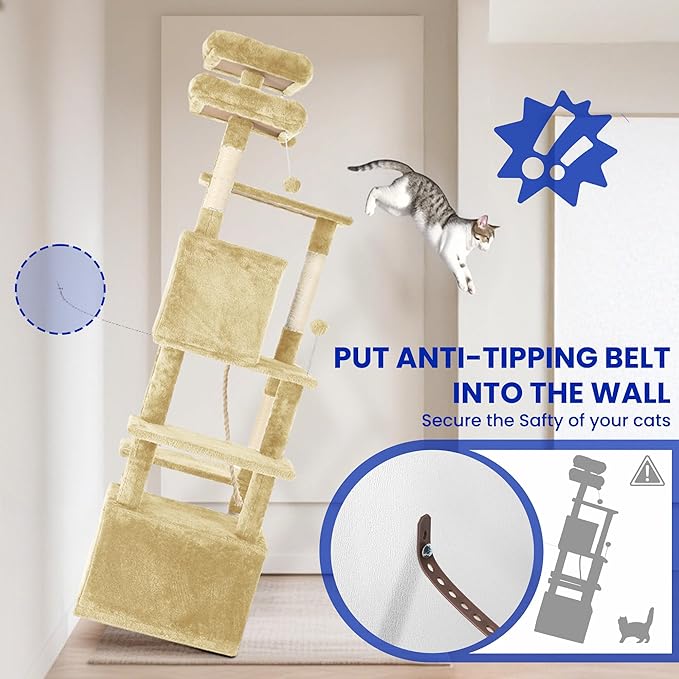 69-Inch Tall Cat Tree with Huge Condos, Multi-Functional Cat Tower with Top Perches, Scratching Posts, Pompoms, for Climbing, Lounging and Playing (Beige)