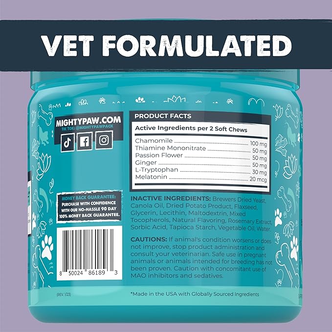 Mighty Paw Calming Chews for Dogs with Melatonin - Vet Formulated Dog Sleep Aid - Puppy & Large Pet Treats - Waggables Calm -Composure Calming Chews for Stress & Relaxation, 120 Count (Made in USA)
