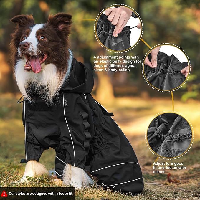OneTigris Dog Raincoat with Hood for Medium Large Dogs, Waterproof & Reflective, 4 Legs Dog Rain Jacket Adjustable Puppy Poncho for The Rain and Snow (Black, Large)