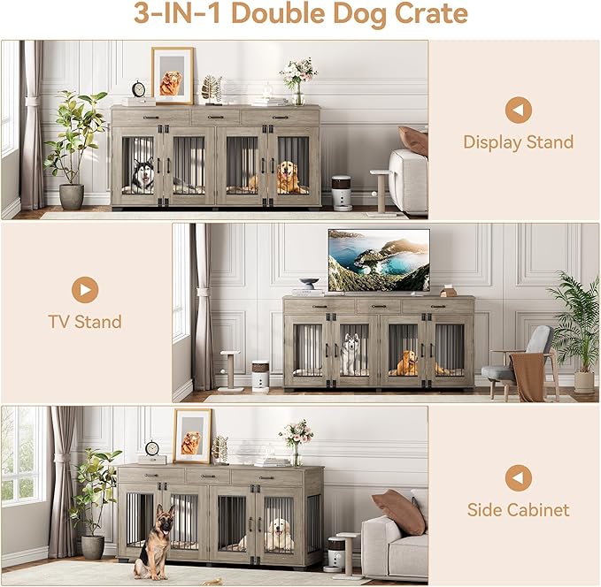 71'' Double Dog Crate Furniture, Large Dog Kennel Indoor with 3 Storage Drawers and Removable Divider for 2 Dogs, Heavy Duty Decorative Dog House TV Stand Side Table for Medium Large Dogs, Grey