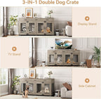 71'' Double Dog Crate Furniture, Large Dog Kennel Indoor with 3 Storage Drawers and Removable Divider for 2 Dogs, Heavy Duty Decorative Dog House TV Stand Side Table for Medium Large Dogs, Grey