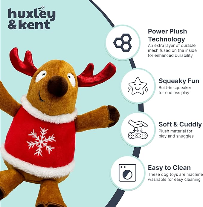 Huxley & Kent Funny Dog Toy w/Squeaker – Holiday Power Plush Squeaky Dog Toys for Small, Medium & Large Dogs – Soft Stuffed Animal for Indoor Play & Fetch - Rocky Reindeer, Small