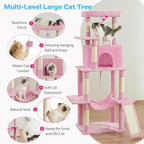Cat Tree Tower 63in Multi-Level Cat Tower for Indoor Cats with Sisal Scratching Posts, Condo, Hammock, Dangling Ball and Extended Platform for Cats to Play, Pink
