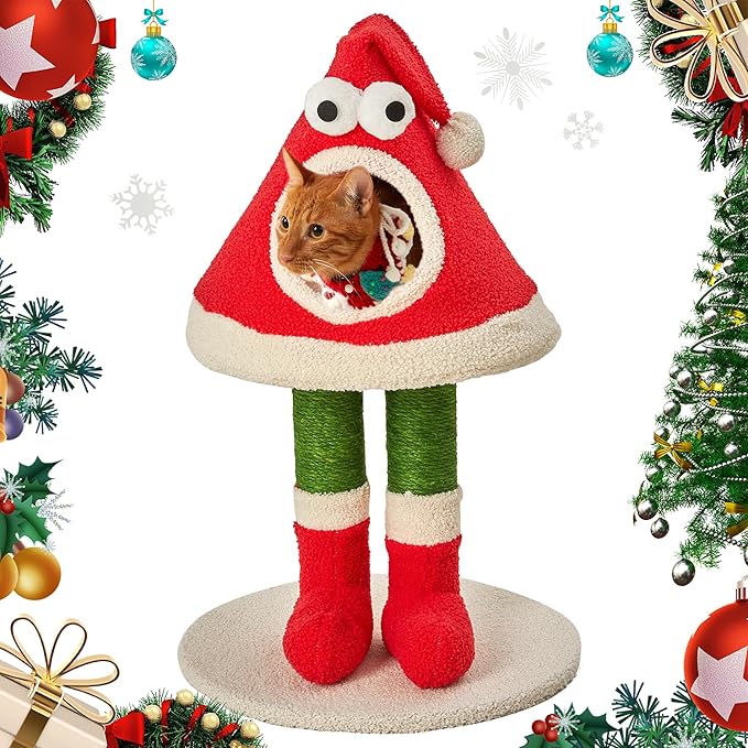 Christmas Cat Tree Tower for Indoor Cats Cute Santa Hat Design with Scratching Posts & Cozy Cat Bed, Small to Large Cat Tower, Red