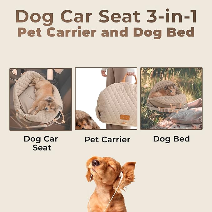 Dog Car Seat for Small Dogs – 3-in-1 Travel Carrier, Booster & Dog Bed for Car – Washable, Anti-Slip, Safety Straps – Fits Front & Back Seats – Cozy Pet Car Seat up to 25 lbs – Beige