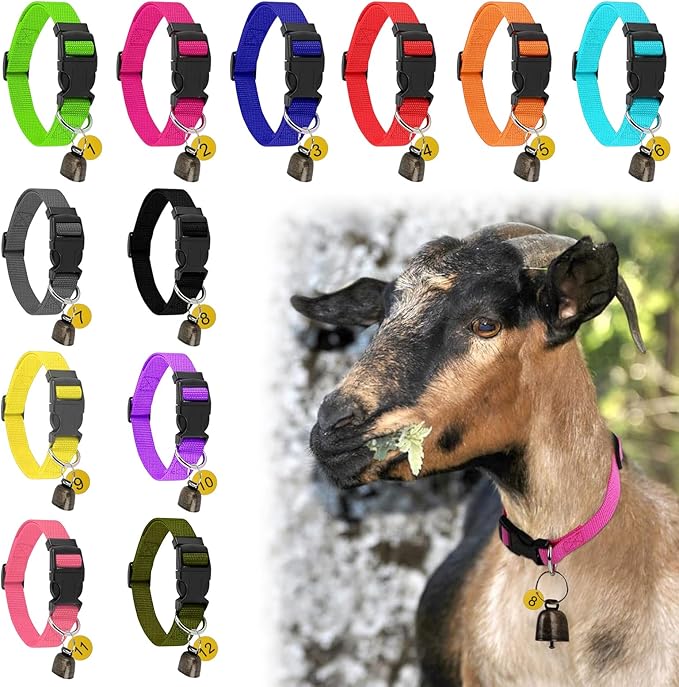 12 Pack Goat Collars with Bells and Number Tag，Adjustable Nylon Grazing Copper Bells with Pet Livestock Plastic ID Number Tags, Sheep Collars Set for Small Farm Animal Goat Sheep Cow