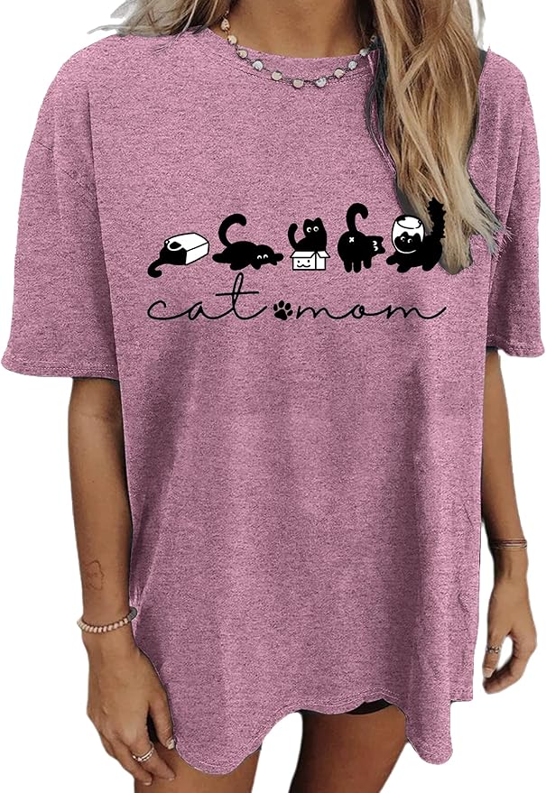 Cat Shirts for Women Cute Cat Mom Oversized Shirt Funny Pet Graphic Tees Y2k Teen Girl Clothes