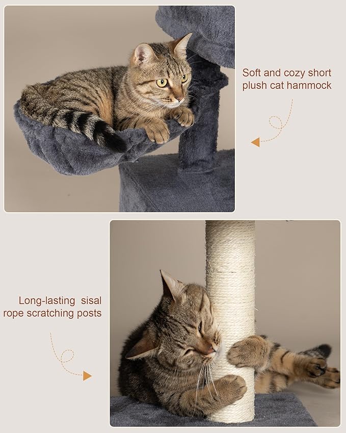 Cat Tree with Soft Top Perch, 21.6in Cat Tower with Hammock and Dual Condos, All-in-one Cat Activity Center, Dark Gray