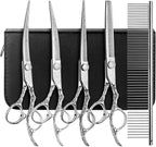 Dog Grooming Scissors,Silver with Safety Round Tips,5 in 1 Curved Dog Scissors for Grooming,Professional Pet Grooming Shears Set for Dogs and Cats