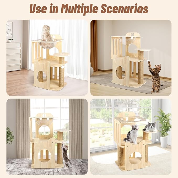 Cat Tree Tower, 32" Tall Wood Cat House Condo with Scratching Post, Cat Tower with Clear Space Capsule Detachable Cat Furniture for Indoor Small and Medium Cats