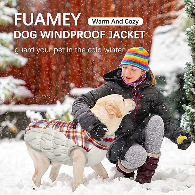 FUAMEY Dog Coat for Large Dogs,Waterproof Dog Winter Jacket with Harness Built in Puppy Cold Weather Coats Reflective Pet Vest with Zipper Warm Fleece Dogs Snowsuit Windproof Red Plaid XL