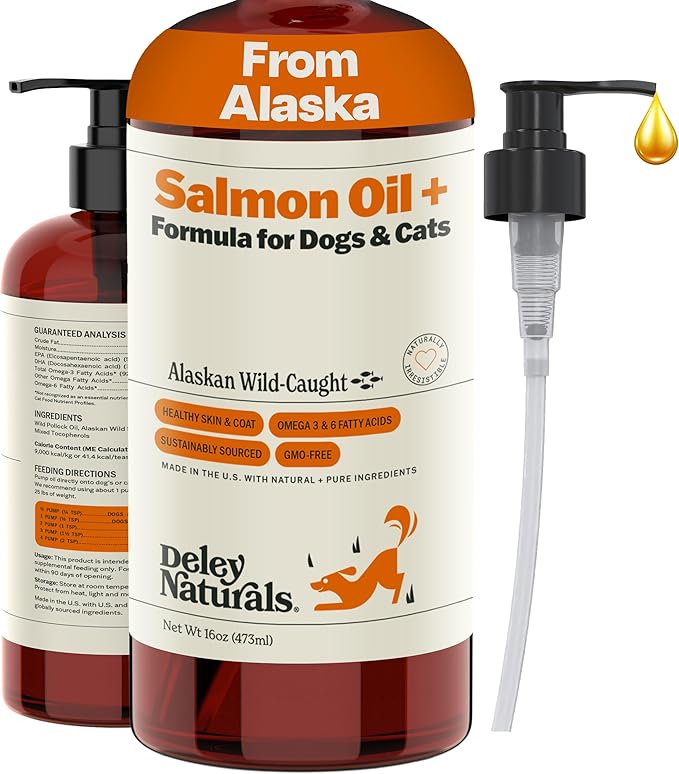 Deley Naturals Wild Alaskan Salmon Oil for Dogs - New & Improved Salmon Oil Plus Formula - Fish Oil for Dogs with DHA EPA Omega 3 & 6 Fatty Acids - Omega 3 Fish Oil for Skin & Coat - 16oz Made in USA