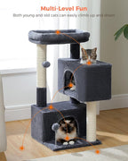 32" Cat Tree Tower for Indoor Cats - 2 Cozy Condos, Multi-Level Cat Scratching Posts with Sisal, Soft Padded Perch, 2 Dangling Toys, Dark Grey