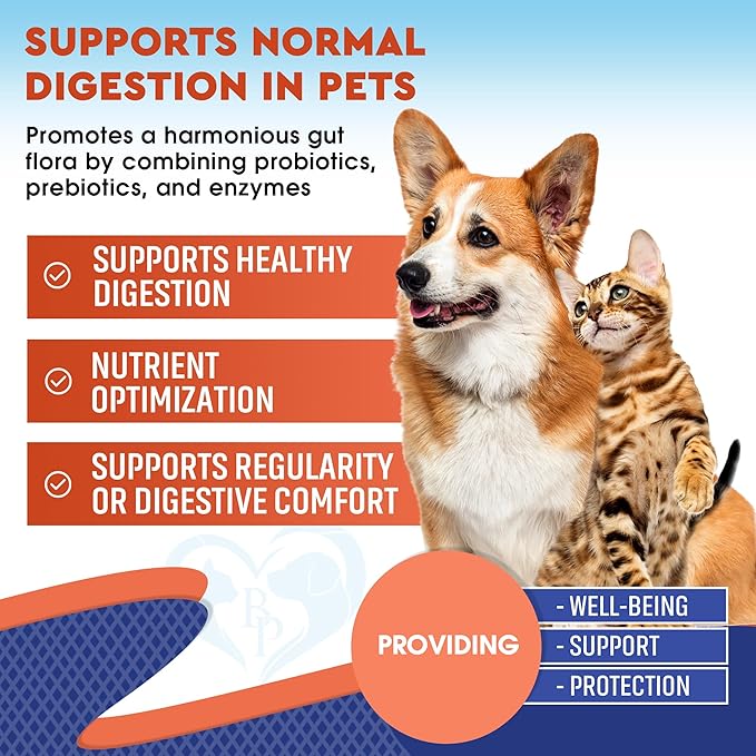 Probiotics & Prebiotics with Enzymes for Dogs and Cats - Digestive Gut Flora Health Pet Food Supplements - Constipation & Diarrhea and Gas Home Remedy - Upset Stomach Relief - Made in USA