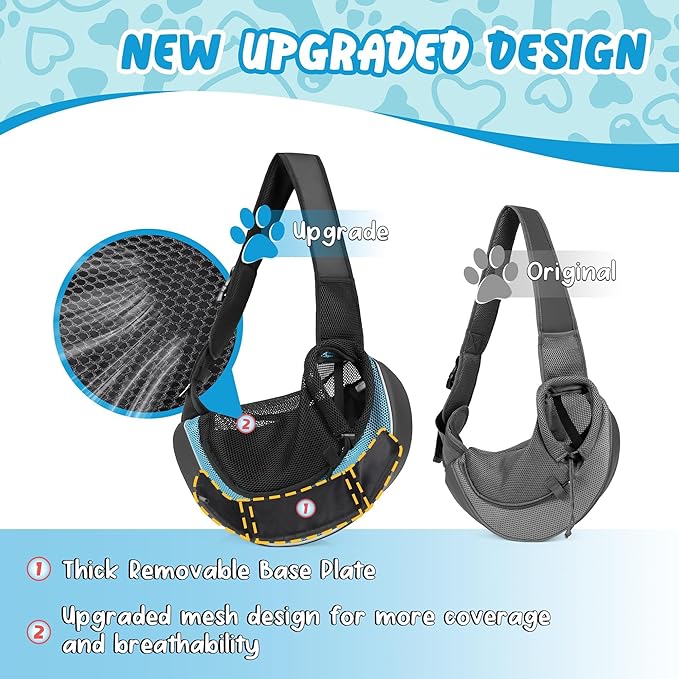 Upgraded Breathable Mesh Dog Sling Carrier for Small Dogs & Cats Up to 10 lbs- Detachable Hard Bottom, Adjustable Strap & Large Pocket - Hands-Free Pet Carrier for Travel Walking Hiking (Cyan Size S)