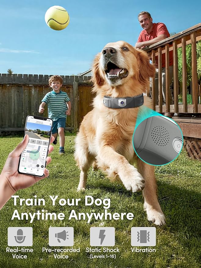 GPS Wireless Dog Fence with 2K Camera & Voice Training & GPS Tracker, Dog Collar with App Waterproof Rechargeable Adjustable for Large Medium Dogs