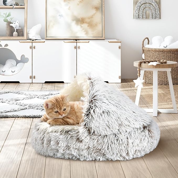 Calming Cat Beds, Fluffy Plush Round Cat Cave Washable, Cozy Warming Anti-Slip Small Dog Bed for Puppy and Kitten, Soft Anti Anxiety Pet Nest (20×20 inch, Coffee)