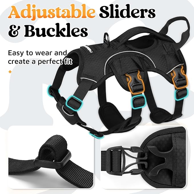 rabbitgoo Escape Proof Dog Harness, Soft Padded Full Body Pet Harness, Reflective Adjustable No Pull Vest with Lift Handle and Leash Clip for Large Dogs Walking Hiking Training, S, Black