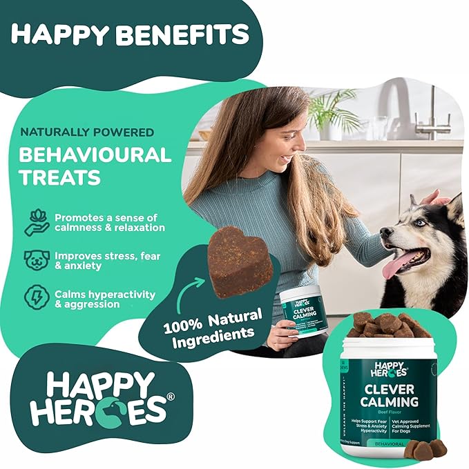 Clever Calming Chews for Dogs, 100% Natural Dog Supplement, For Anxiety Relief, Helps Stress, Fear, Hyperactivity, Reactivity, Beef Flavor Calming Dog Treats, Made in USA, 60 Soft Chews