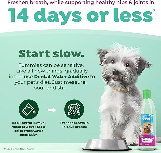 TropiClean Fresh Breath Water Additive for Dogs with Glucosamine, Hip and Joint Support for Dogs, Breath Freshener & Teeth Cleaning Solution, 16oz.