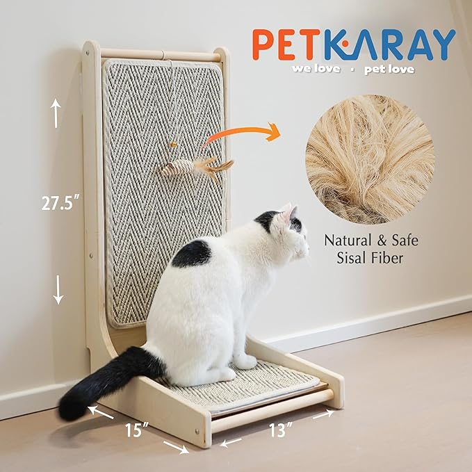 PETKARAY Cat Scratcher, Sisal Cat Scratch Pad, L Shape Scratching Board for Indoor Kitty, Floor Mounted Scratcher with Mouse Toy Catnip
