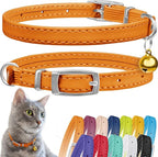 CollarDirect Leather Cat Collar, Cat Safety Collar with Elastic Strap, Kitten Collar for Cat with Bell Black Blue Red Orange Lime Green (Neck Fit 6"-7", Orange)
