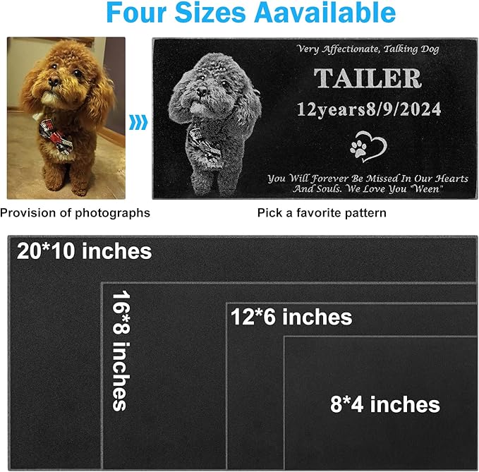 Custom Engraved Dog Memorial Stone - Durable Black Granite Pet Grave Marker with Photo, Personalized Pet Loss Gift for Dogs, Cats - Memorial Plaque for Garden or Indoor Use