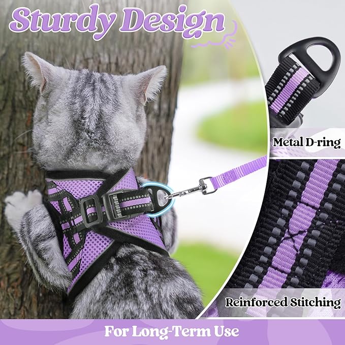 rabbitgoo Cat Harness and Leash Set for Walking Escape Proof, Adjustable Soft Kittens Vest with Reflective Strip for Cats, Comfortable Outdoor Vest, Light Purple, XL