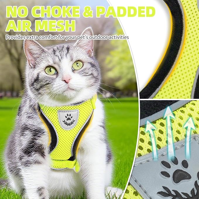 PUPTECK Cat Harness and Leash Set Escape Proof Reflective Cat Walking Harness Adjustable Soft Breathable Mesh Vest for Small Pets, Fluorescent Yellow, M
