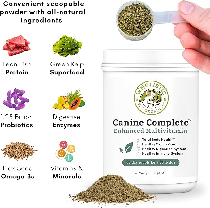 Wholistic Pet Organics Canine Complete - Dog Multivitamin Powder - 1 Lb - Daily Dog Vitamins and Supplements for Homemade Food - Immune System, Skin, Coat & Overall Health - Small and Large Breed