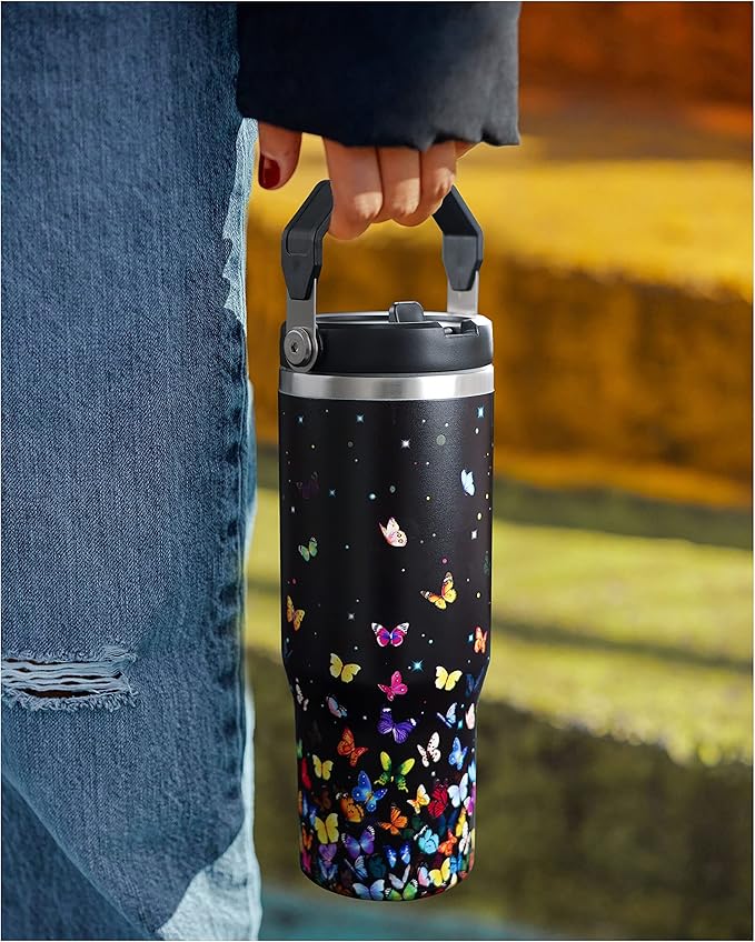30oz Colorful Butterfly Tumbler with Handle and Straw, Stainless Steel Vacuum Insulated Coffee Tumbler, Travel Mug Water Bottle, Butterfly Stuff Decor, Butterfly Gifts for Women