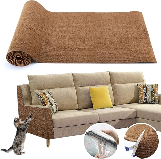 Cat Scratching Climbing Carpet Mat, Self-Adhesive Trimmable Anti Cat Scratcher Couch Furniture Protector from Cat Claws, Cat Post Covered Pad Replacement for DIY Cat Tree (Brown, 15.8" x 79")