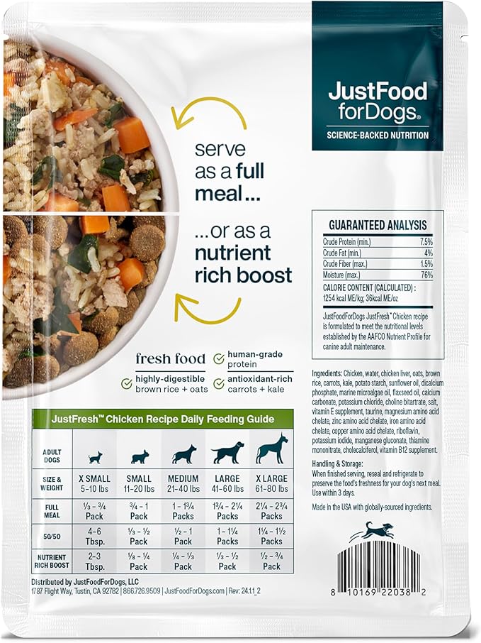 JustFoodForDogs JustFresh Home-Cooked Chicken Dog Food with No Preservatives, Resealable Packaging, Human Grade Wet Dog Food, 12 oz - 7 Pack