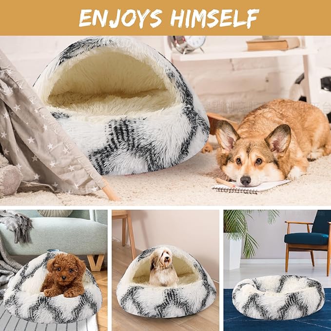 Dog Beds for Small Dogs, Cat Bed Cave, Washable Cute Cat Bed, Cozy Nook Pet Bed for Dogs or Cats, Anti-Slip Puppy Bed Fits up to 22 lbs Pets(Grey-White, 24" x 24")