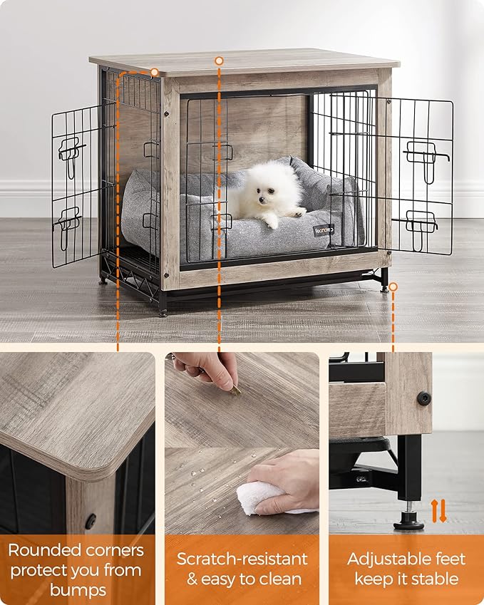 Feandrea Dog Crate Furniture, 27.2" Side End Table, Modern Kennel for Dogs Indoor up to 30 lb, Heavy-Duty Dog Cage with Multi-Purpose Removable Tray, Double-Door Dog House, Greige UPFC001G01