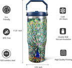 30oz Peacock Tumbler with Handle and Straw, Stainless Steel Vacuum Insulated Coffee Tumbler, Travel Mug Water Bottle, Peacock Stuff Accessories Decor, Peacock Gifts for Women