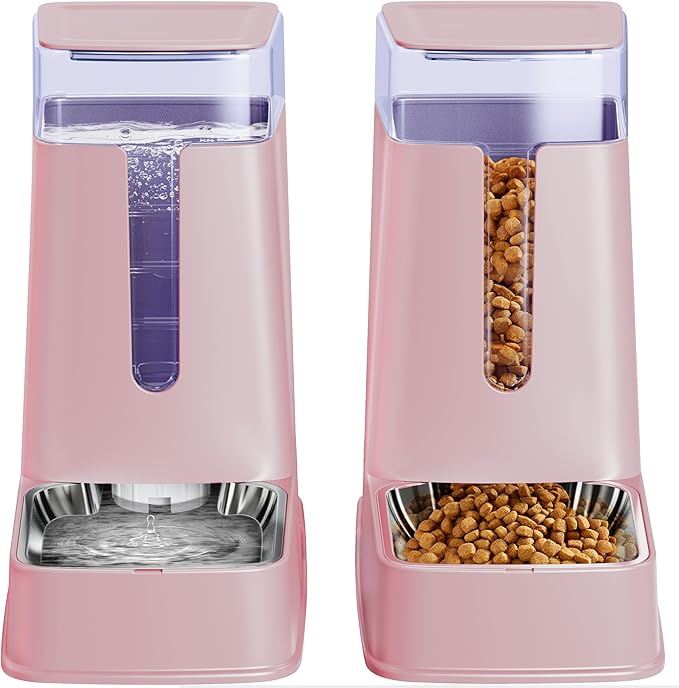 Cat Food Dispenser and Cat Water Dispenser Set with Stainless Steel Bowls Gravity Dog Feeder for Small Medium Big Cat Dog Pet Puppy Kitten, 1 Gallon x 2